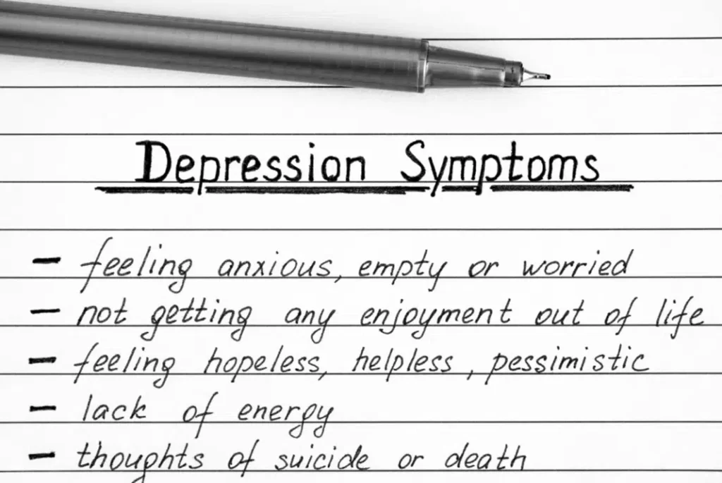 Handwritten list of depression symptoms, featured in True REST Float Spa’s holistic therapy and mental wellness blog