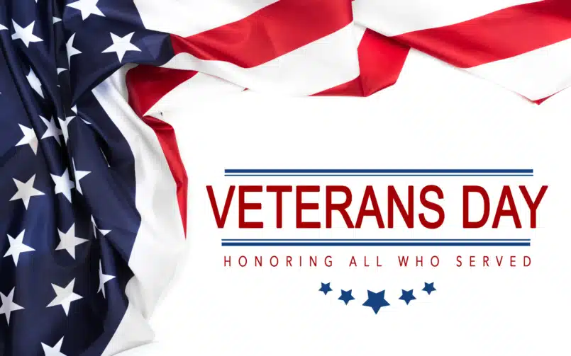 American flag draped in the background with “Veterans Day – Honoring All Who Served” text, representing Veterans Day activities and celebrations at True REST Float Spa.